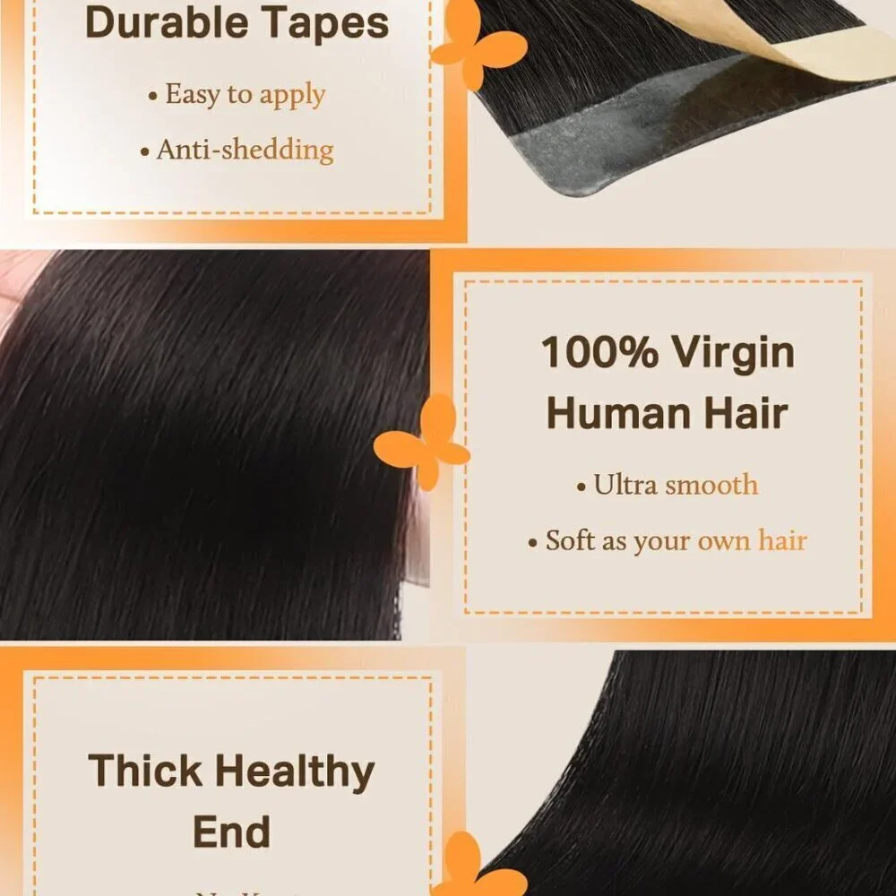 Human Hair Extensions, Jet Black 20 Inch 50g 20pcs, Tape in Hair Extensions Skin